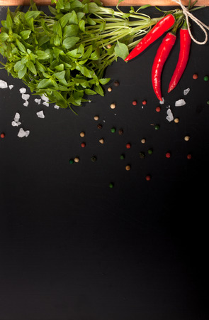 Herbs and spices. basil, red pepper, salt and rosemary on a black background. With space for textの写真素材