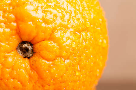 Orange with water drops on the skin close-up on a light background. Shallow depth of field.の写真素材