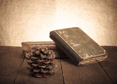 A stack of old books and pine cone on old wooden table against the background of burlap. Toned.の写真素材