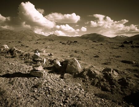 Mountains and clouds on Pamir. Spring. Tajikistan. Toned.の写真素材