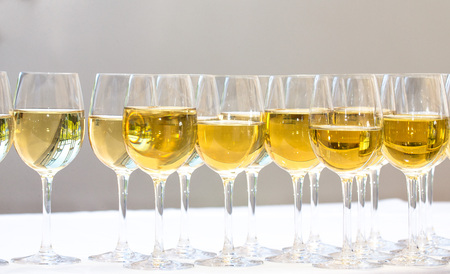 Stemware of champagne on a white table. Banquet.の写真素材