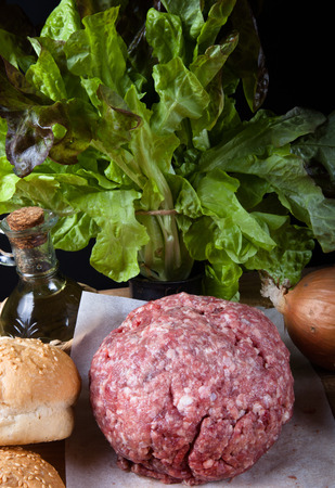 Meat ball, onion, herbs, olive oil and bread on a table. Ingredients for a hamburger.の写真素材