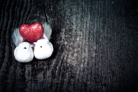 Couple of white pigeons with shiny red heart on old wooden background. Toned.の写真素材
