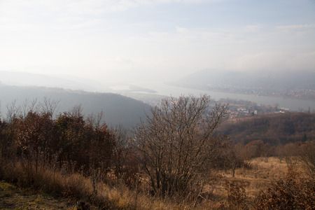 View from the hill to the river. Misty landscape.の写真素材