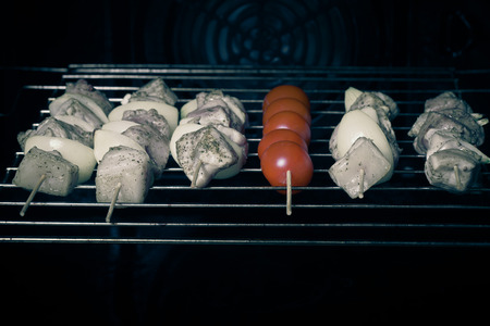 Raw meat for barbecue with onion, tomato and spices in oven. Toned.の写真素材
