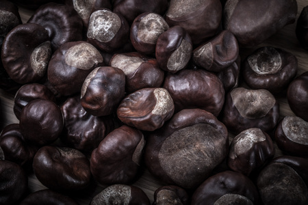 Chestnut close up on a wooden table. Background. Toned.の写真素材