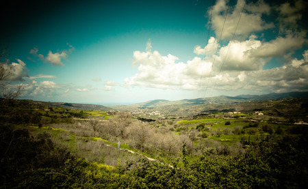 View of the mountain villages and fields on the island of Cyprus. tinted.の写真素材