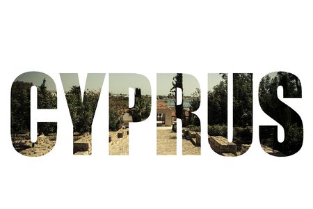 Word CYPRUS over old stone staircase to the sky in the park among the trees. Toned.の写真素材