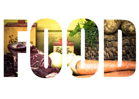 Word FOOD over raw meat, potato, onion, garlic, carrot and dill on wooden table. Toned.の写真素材