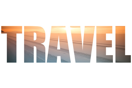 Word TRAVEL over traces of cars in the vast snowy wilderness. Lake Baikal in winter. Toned.の写真素材