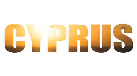 Word CYPRUS over Sunset over the sea in Paphos. Cyprus.の写真素材