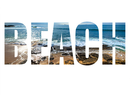 Word BEACH over the stony coast of the Mediterranean Sea. Waves, foam, clouds. Landscape. Toned.の写真素材
