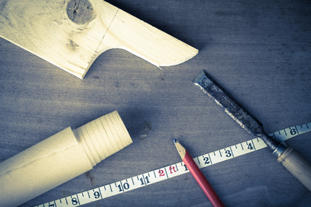Joinery tools on an old wooden table. Toned.の写真素材
