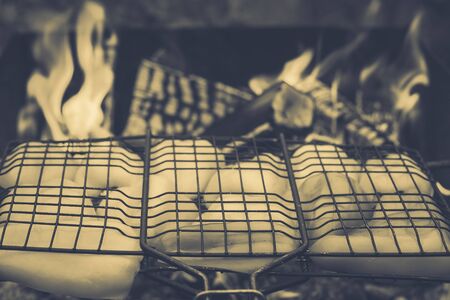 Colorful sweet peppers on the grill grate. Selective focus. Toned.の写真素材