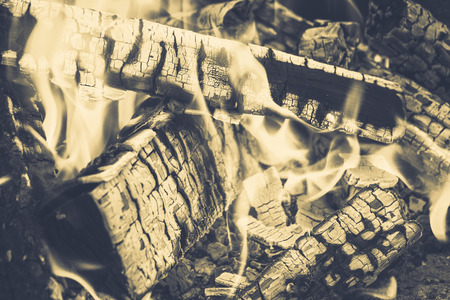 Firewood burning in fire. Selective focus. Toned.