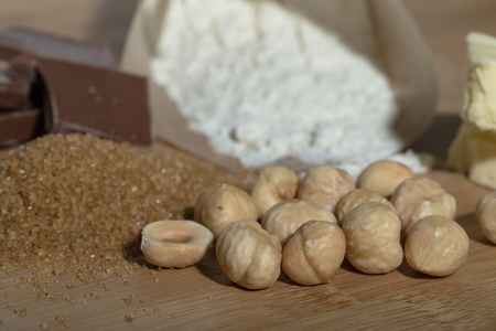 Ingredients for baking on light wooden table like background. Selective focus.の写真素材