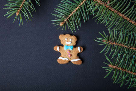 Gingerbread homemade cookies with icing and christmas tree branch on a black table or board for background. Figures 2016 New year theme.の写真素材