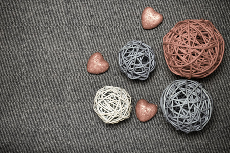 Romantic composition and space for text. Romantic love theme on jeans background. Toned.