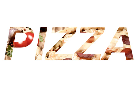 Word PIZZA over prepared pizza with smelted cheese.の写真素材