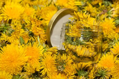 Glass jar on natural background of yellow dandelions. Shallow depth of field. Selective focus.の写真素材