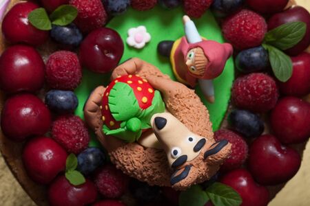 Homemade cake with mastic figures and berries.の写真素材