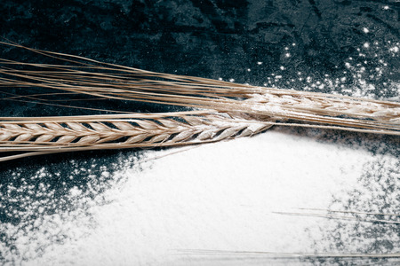 Wheat ears and sprinkle flour on black background. Toned.の写真素材