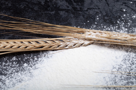 Wheat ears and sprinkle flour on black background.の写真素材