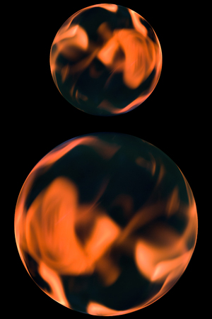 Reflection of bright flame of bonfire in a sphere like a mystical planet. Collage. Toned.の写真素材