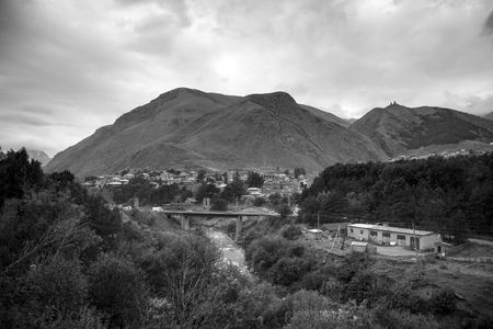 Beautiful autumn mountain landscape in Stepancminda. Georgia. Toned.の写真素材