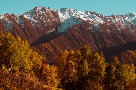 Beautiful autumn mountain landscape in Svaneti. Georgia. Toned.の写真素材