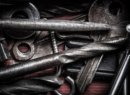 Set of tools and different contraptions. Top view. Toned.の写真素材
