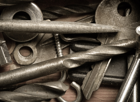 Set of tools and different contraptions. Top view. Toned.