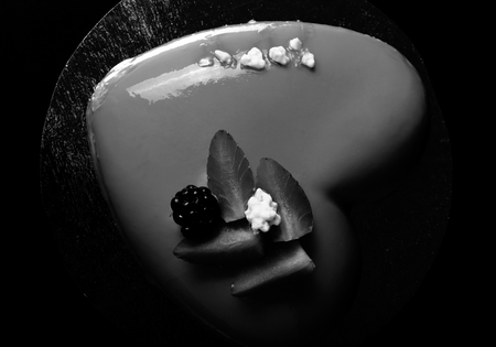 Homemade bright mousse cake with mirror glaze. Selective focus. Toned.の写真素材