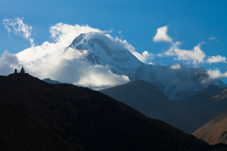 Beautiful sunrise in Stepancminda, Georgia. View to the Kazbek mountain.
