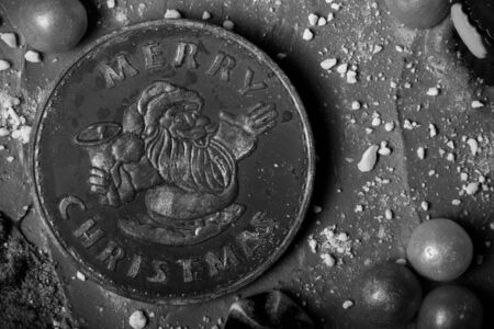 Surface of homemade cake with new year decor. Toned.
