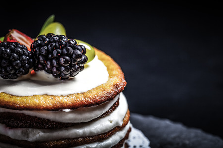 Biscuit homemade cake with cream and berries on black background. Selective focus. Shallow depth of field. Toned.の写真素材