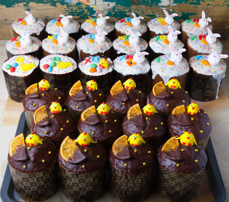 Many traditional Easter cakes - kulich for a celebration. Selective focus.