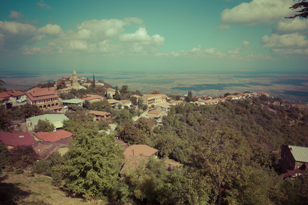 View to ancient Georgian town Sighnaghi. City of Love. Georgia. Toned.のeditorial素材