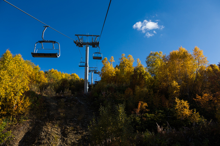 Cableway and beautiful autumn mountain landscape in Svaneti. Georgia.の写真素材