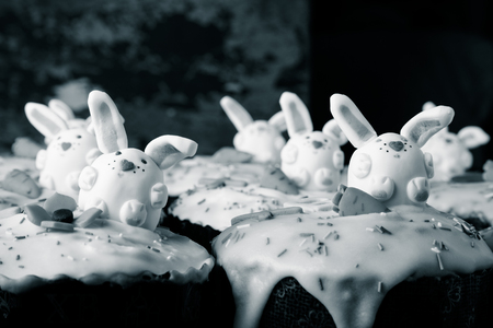 Homemade traditional Easter cake on a wooden background. Toned.の写真素材