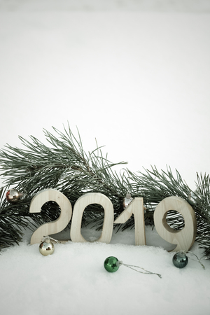 New year and christmas theme with fir branches and snow. 2019. Selective focus. Toned.の写真素材