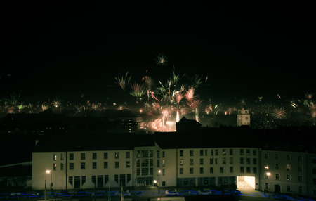 New Year's Eve fireworks in Munich Germany. Selective focus. Toned.