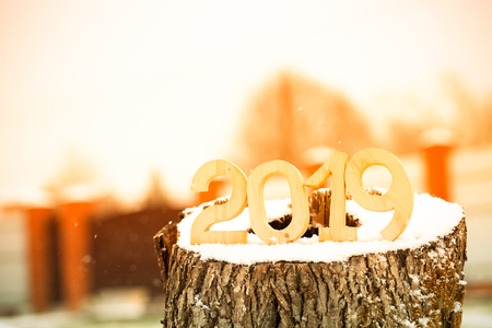 Wooden figures 2019 on the snowy stump. New year and christmas theme. Toned.の写真素材