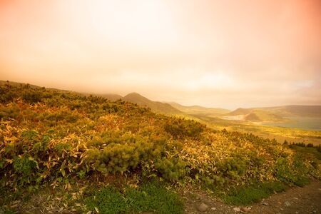 Beautiful deserted landscape of Kunashir island. Toned.