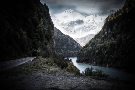 Amazing autumn mountain landscape in Svaneti. Georgia. Toned.の写真素材