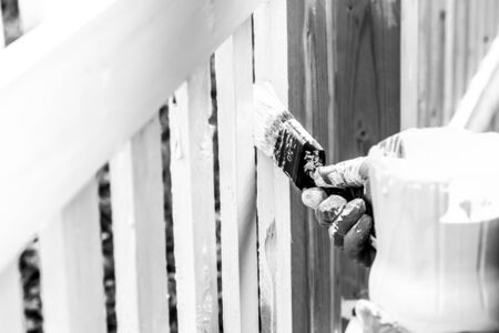 Woman paints a new wooden fence in the summer garden. Shallow depth of field. Selective focus. Toned.の写真素材