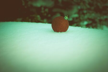 Cristmas tree branches and bright balls on a clean pure snow for natural winter background. New year composition. Shallow depth of field. Selection focus. Toned.の写真素材
