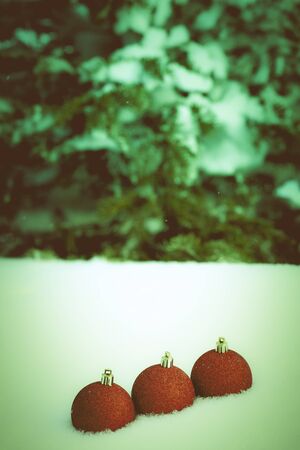 Cristmas tree branches and bright balls on a clean pure snow for natural winter background. New year composition. Shallow depth of field. Selection focus. Toned.の写真素材