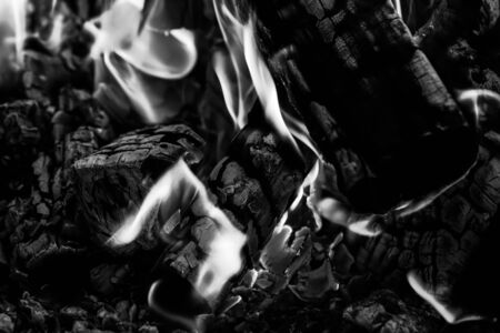 Burning wood logs, cooking on fire, warm evening, sparkles in the air, warm air from the fire. Monochromeの写真素材