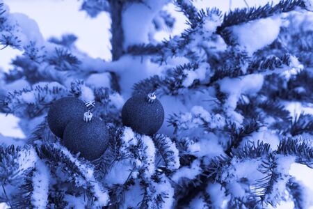 Bright balls on a cristmas tree branches on a clean pure snow for natural winter background. New year composition. Shallow depth of field. Selection focus. Toned.の写真素材